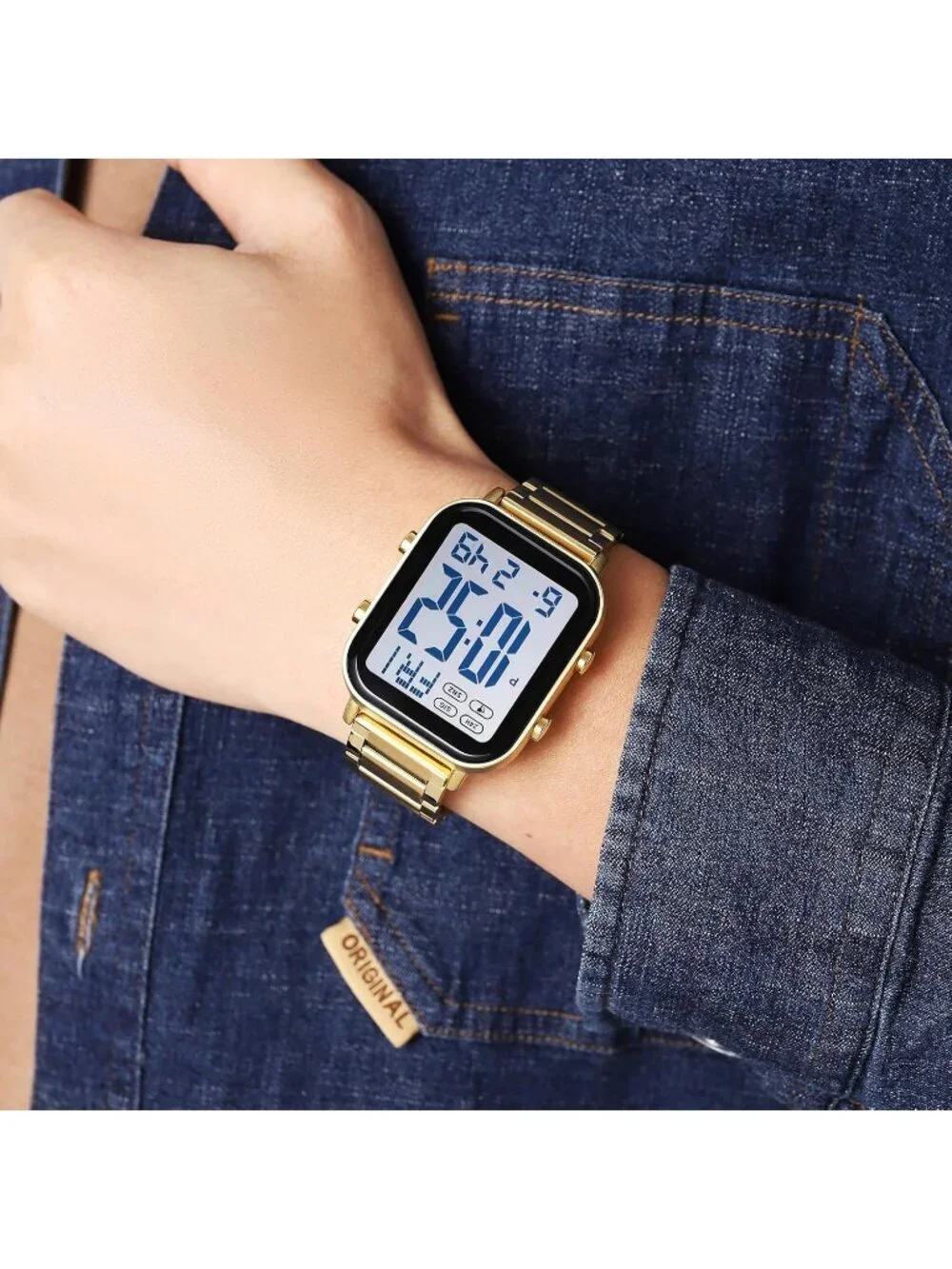 Unisex Gold Analog Stainless Steel Waterproof Electronic Square Digital Watch